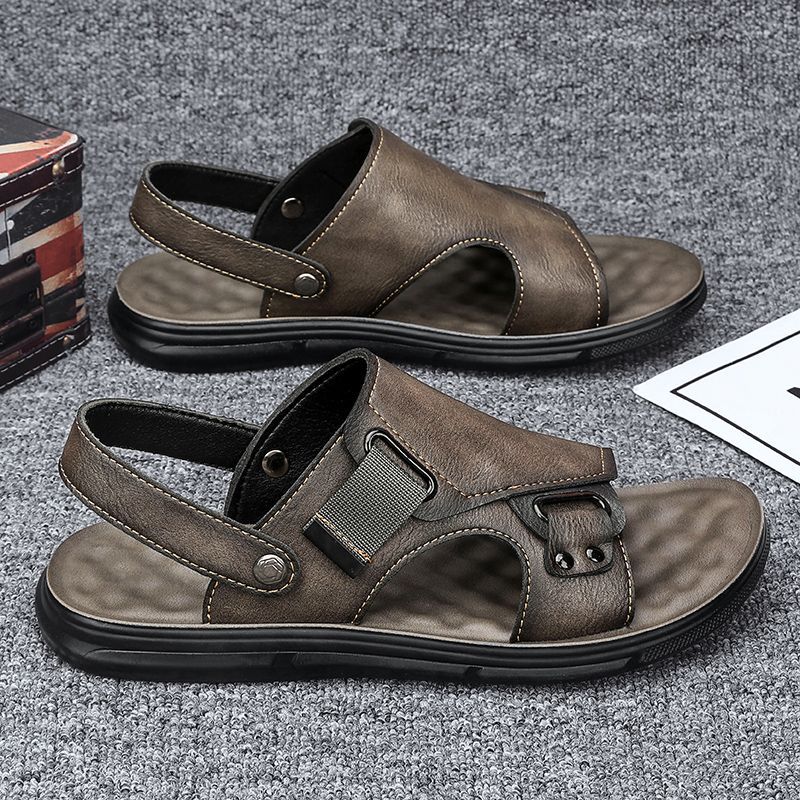 Mens Leather Thick-Soled Non-Slip Beach Casual Soft-Soled Sandals