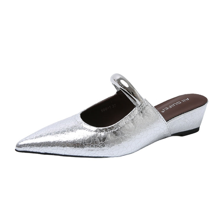 Elegant Pointed Toe Metal One-Strap Mules 2025 Summer New Wedge Heel Platform Sandals For Women