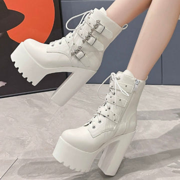 New Chunky-Heel Platform Pearl-Chain Fashionable Punk Boots