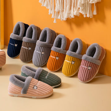 Corduroy Striped Faux Rabbit-Fur Slippers For Couples