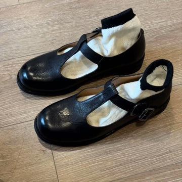 Round-toe Mid-heel T-strap Chunky-heeled Mary Jane Leather Shoes