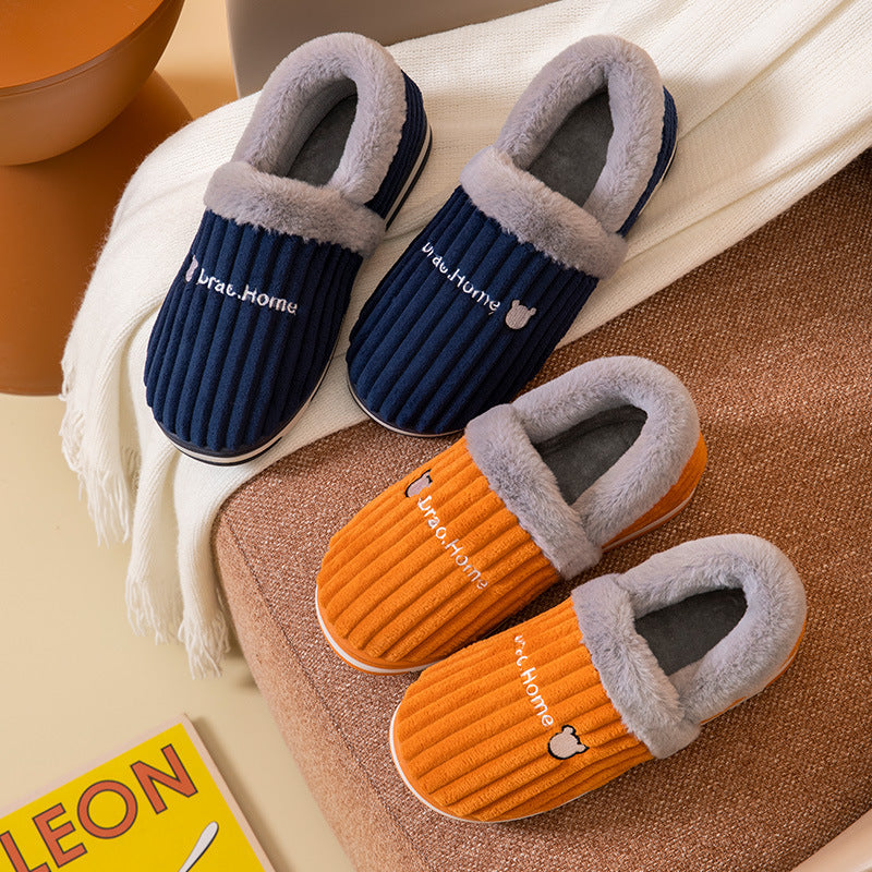 Corduroy Striped Faux Rabbit-Fur Slippers For Couples