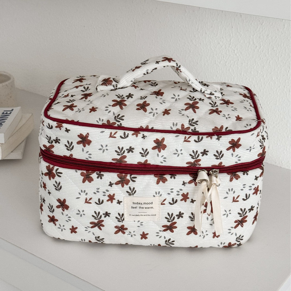 Orange Floral Corduroy Large-Capacity Portable Toiletry Bag For Women