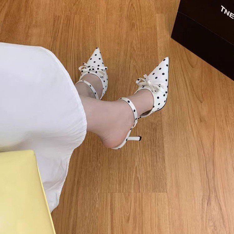2026 Summer New Women's Polka Dot Pointed Toe High Heels, Bow Backless Mule Sandals, Slim Heel Closed Toe Slide Sandals For Women
